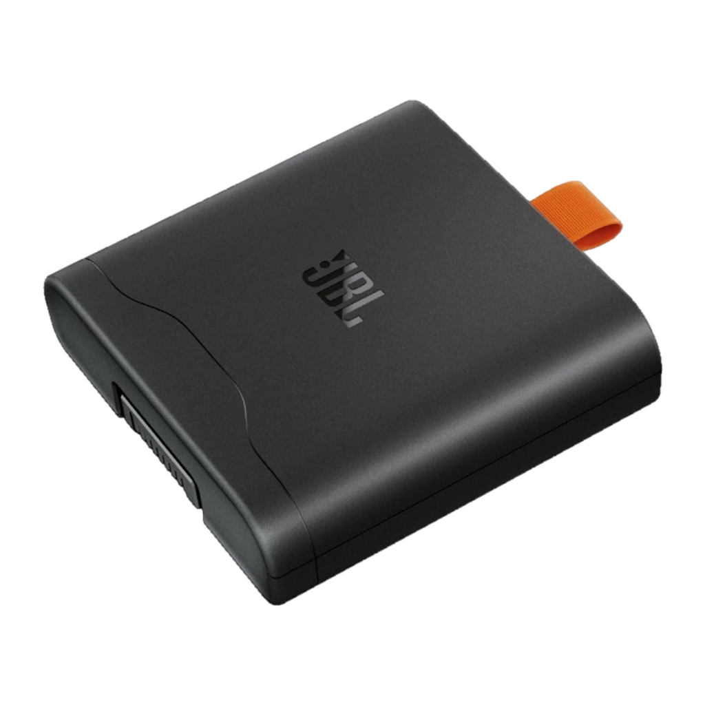 JBL Battery 400 18 h Preto: bateria portátil preta compacta, corpo fosco com logo JBL e alça superior laranja para fácil remoção e transporte - Item2