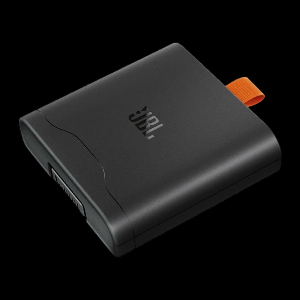 JBL Battery 400 18 h Noir compacte et mate, boîtier noir avec logo JBL, languette orange, bords arrondis, port latéral discret, design robuste et portable