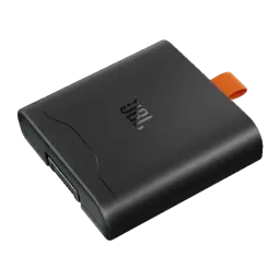 JBL Battery 400 18 h Noir compacte et mate, boîtier noir avec logo JBL, languette orange, bords arrondis, port latéral discret, design robuste et portable