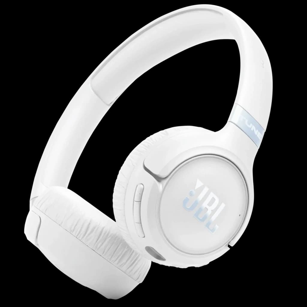 JBL Tune 680NC Blanc casque supra-auriculaire sans fil, design épuré blanc, coussinets rembourrés, commandes latérales, arceau ajustable, logo JBL irisé
