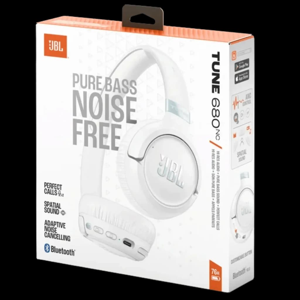 JBL Tune 680NC Blanc en boîte, casque supra-auriculaire pliable, coques blanches mat avec logo JBL en relief, boutons et ports visibles, mention ANC et