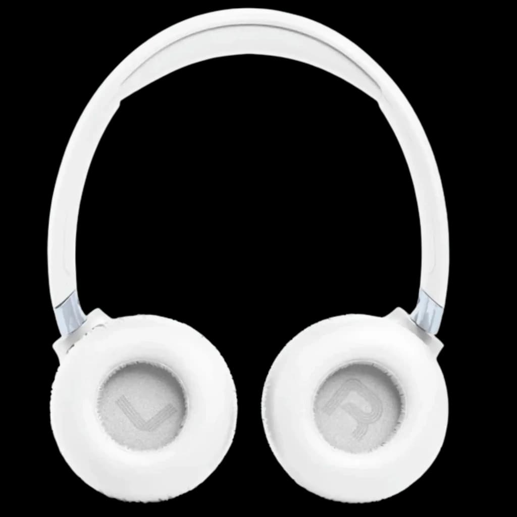 JBL Tune 680NC Blanc, casque supra-auriculaire sans fil blanc, coussinets moelleux marqués L et R, arceau fin, design épuré avec ANC