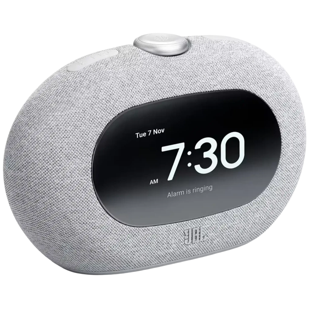 JBL Horizon 3 cinzento com ecrã digital grande, tecido cinza, botão superior texturizado e logótipo JBL frontal; design oval moderno para rádio DAB+/FM e - Item1