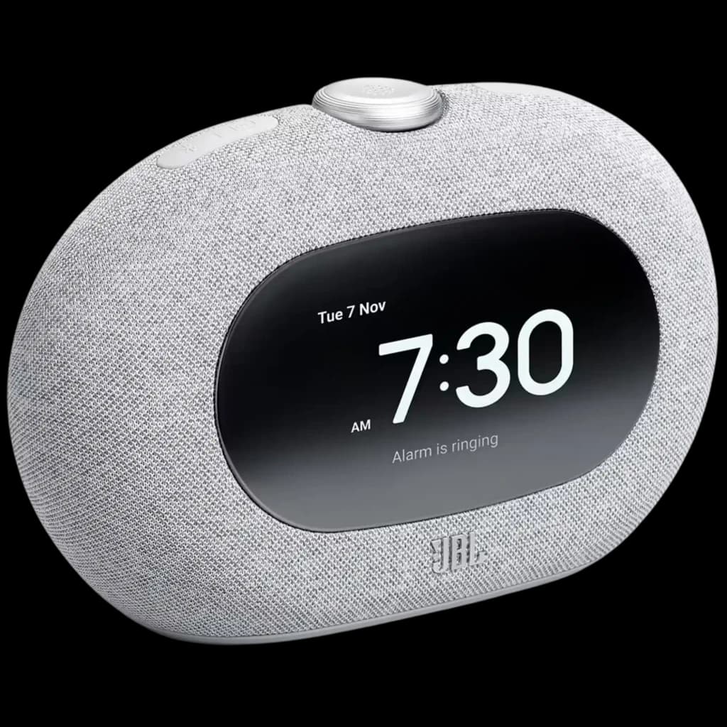 Reloj despertador JBL Horizon 3 gris con pantalla digital grande, tejido acústico, botón superior de control y altavoz integrado de 5 W con radio DAB+/FM