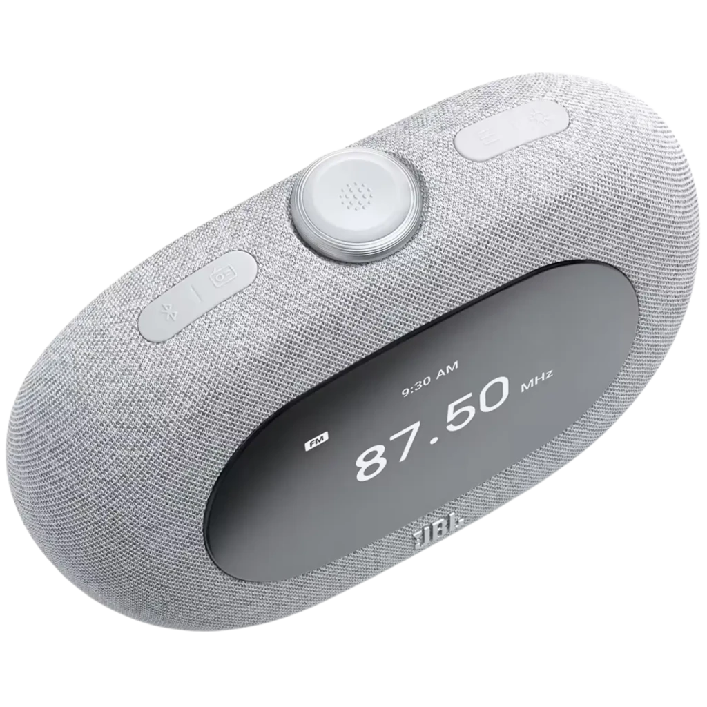 JBL Horizon 3 cinzento com ecrã digital grande, tecido cinza, botão superior texturizado e logótipo JBL frontal; design oval moderno para rádio DAB+/FM e - Item2