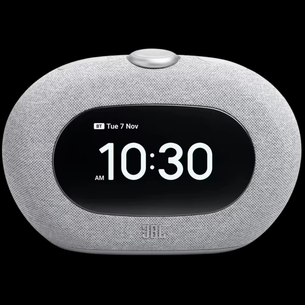 Reloj despertador JBL Horizon 3 gris con pantalla digital grande, tejido acústico, dial superior, radio DAB+/FM y altavoz Bluetooth 5 W compacto y elegante