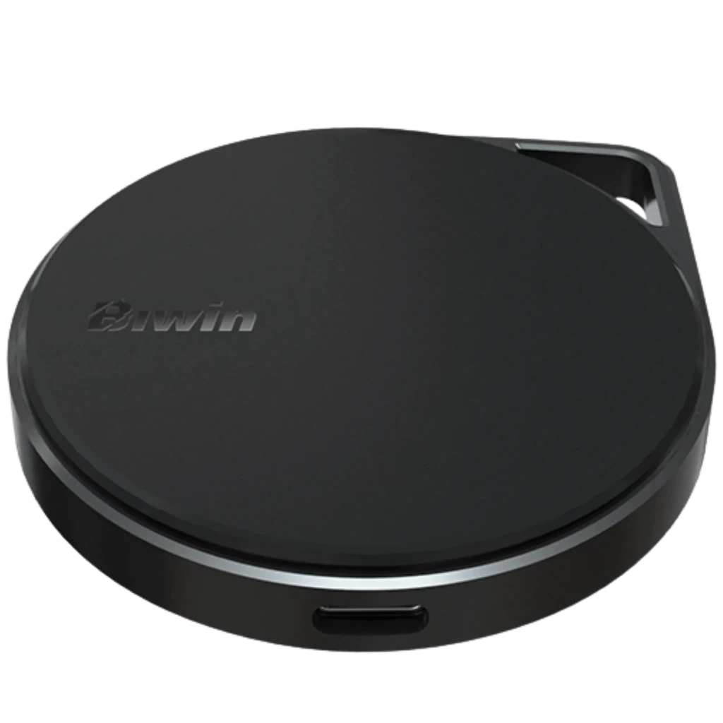 PM2000 Biwin Preto SSD Externo 1 TB com corpo redondo preto fosco, logotipo em relevo e aro cinza com alça integrada para transporte USB-C - Item1