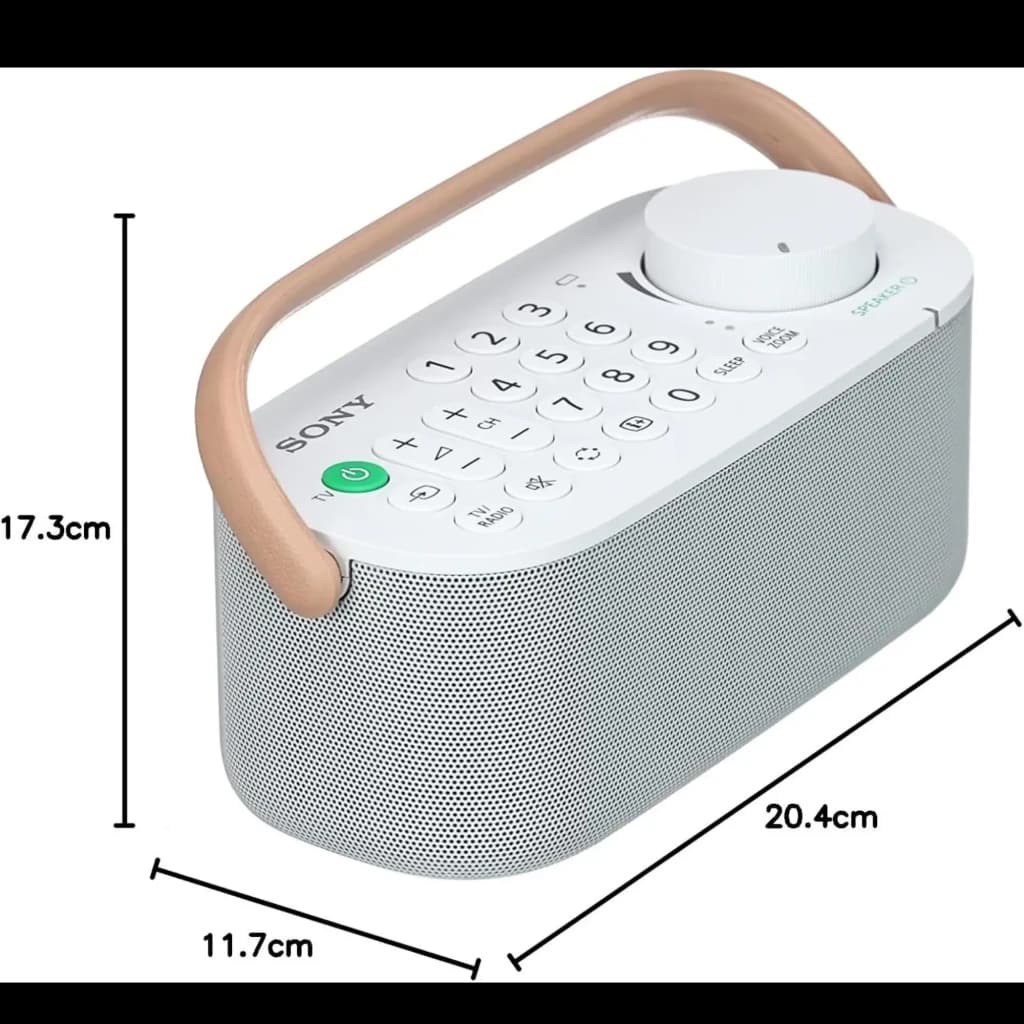 Sony SRS-LSR200 Bluetooth IPX2 Blanco con asa beige, dial grande, teclado numérico, altavoz gris perforado y diseño compacto 20.4 x 11.7 x 17.3 cm