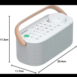 Sony SRS-LSR200 Bluetooth IPX2 Blanco con asa beige, dial grande, teclado numérico, altavoz gris perforado y diseño compacto 20.4 x 11.7 x 17.3 cm