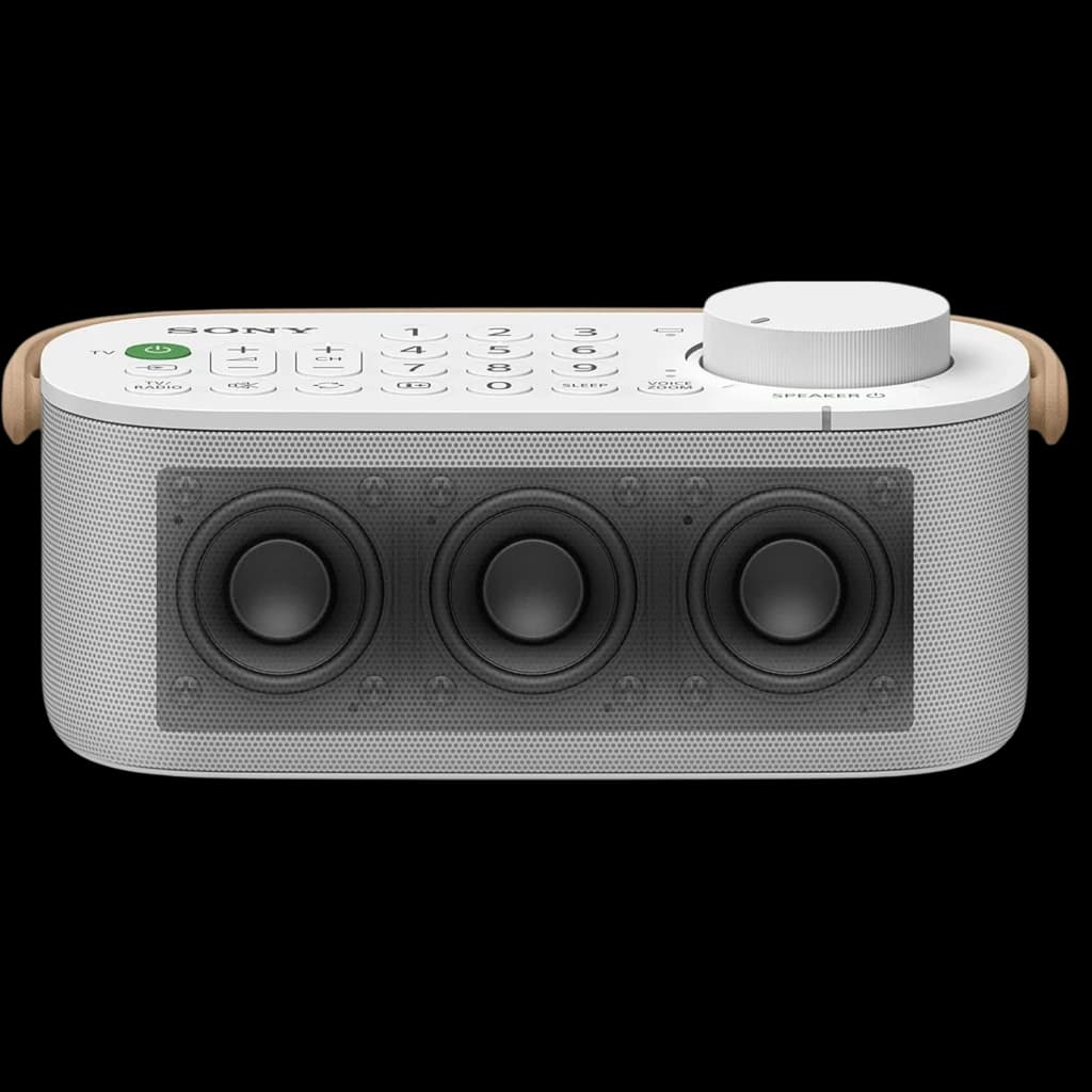 Sony SRS-LSR200 Bluetooth IPX2 Blanco con tres altavoces frontales, panel superior con botones y gran perilla, asas laterales y rejilla metálica gris