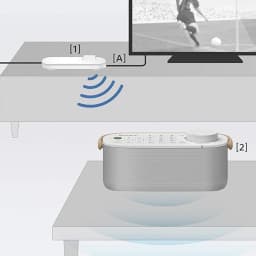 Sony SRS-LSR200 Bluetooth IPX2 Blanco con asa lateral, parlante portátil con dial de volumen grande, controles superiores y base gris, receptor [1] junto a TV