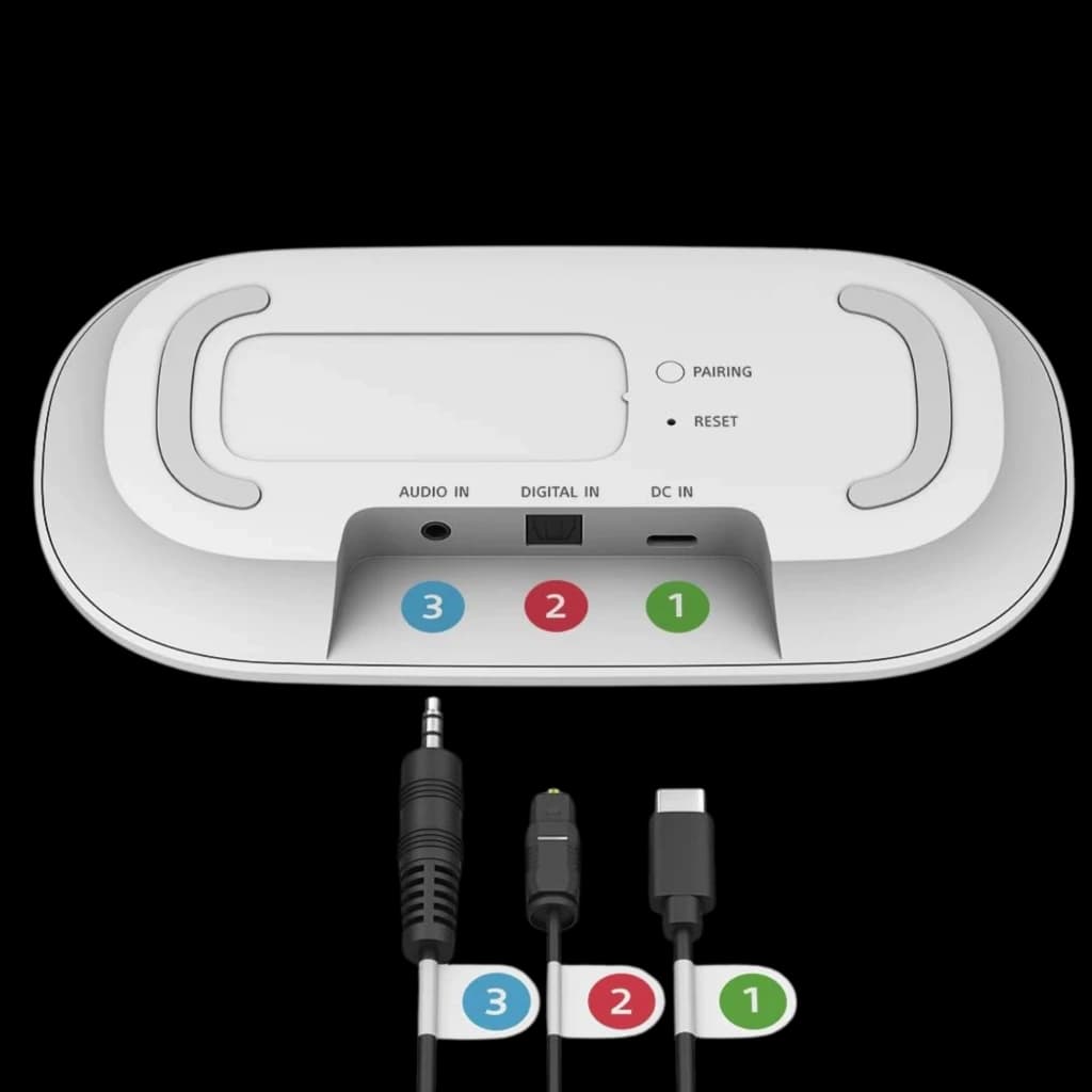 Base de carga blanca del Sony SRS-LSR200 con botones Pairing y Reset y puertos DC in USB C, Digital In óptico y Audio In 3.5 mm, diseño IPX2 compacto