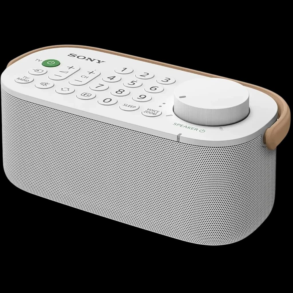 Sony SRS-LSR200 Bluetooth IPX2 Blanco con gran perilla de volumen, teclado numérico y asa lateral beige; altavoz compacto con rejilla frontal gris