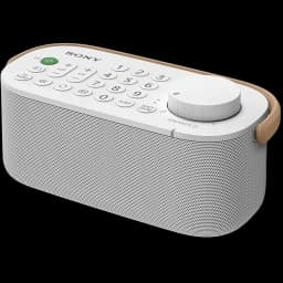 Sony SRS-LSR200 Bluetooth IPX2 Blanco con gran perilla de volumen, teclado numérico y asa lateral beige; altavoz compacto con rejilla frontal gris