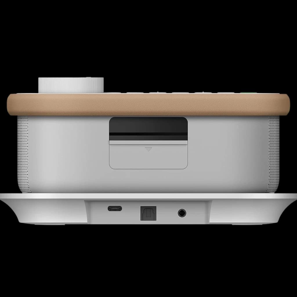 Sony SRS-LSR200 Bluetooth IPX2 Blanco con base de carga, acabado blanco y tapa beige, rueda de volumen grande, rejilla metálica y puertos traseros USB y audio