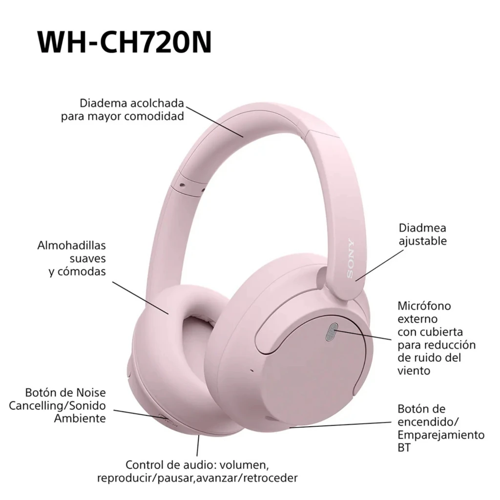Fones Sony WH-CH720N rosa em over-ear, acolchoados, design leve com arco ajustável e controles laterais discretos. Acabamento fosco elegante. - Item7