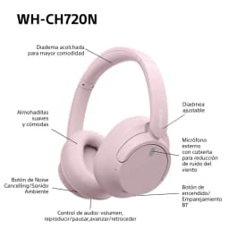 Sony WH-CH720N Rose, casque circum-aural rose pâle avec arceau rembourré, coussinets doux, boutons latéraux, micro externe et coques mates épurées