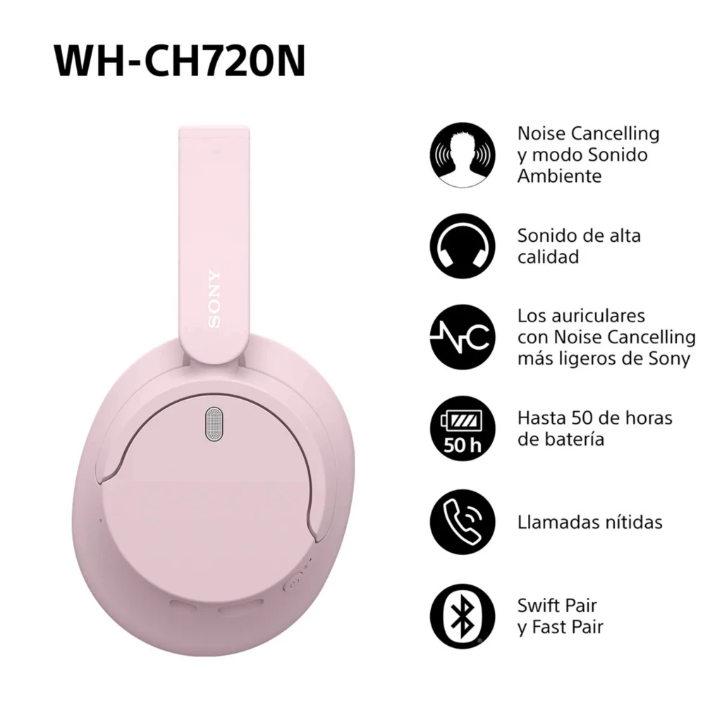 Fones Sony WH-CH720N rosa em over-ear, acolchoados, design leve com arco ajustável e controles laterais discretos. Acabamento fosco elegante. - Item8