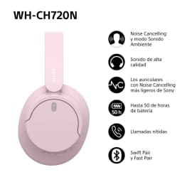 Casque Sony WH-CH720N rose pastel avec arceau réglable, oreillettes ovales pliables, bouton central et logo Sony discret, design léger et moderne