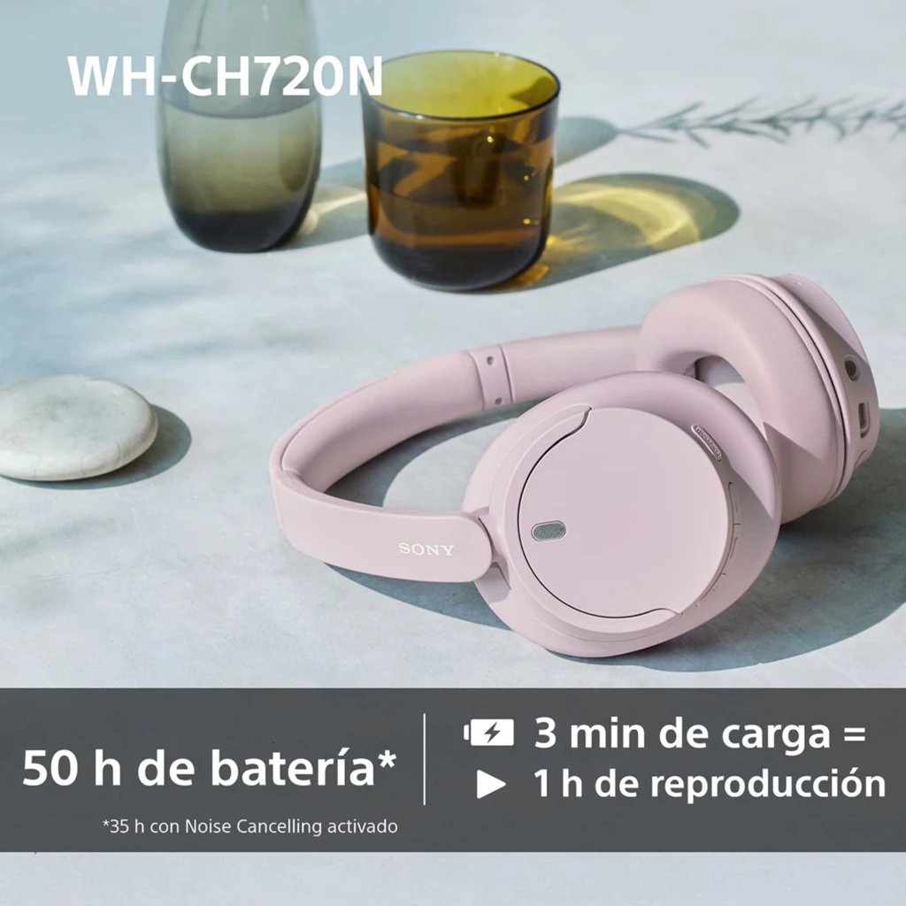 Fones Sony WH-CH720N rosa em over-ear, acolchoados, design leve com arco ajustável e controles laterais discretos. Acabamento fosco elegante. - Item1