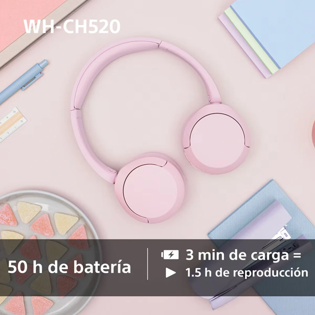 Sony WH-CH520 Rose casque sans fil on-ear rose pâle, arceau réglable, coussinets rembourrés, design pliable, port USB-C et logo Sony blanc sur l’oreillette - Ítem4