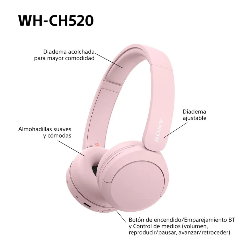 Sony WH-CH520 Rose casque sans fil on-ear rose pâle, arceau réglable, coussinets rembourrés, design pliable, port USB-C et logo Sony blanc sur l’oreillette - Ítem5