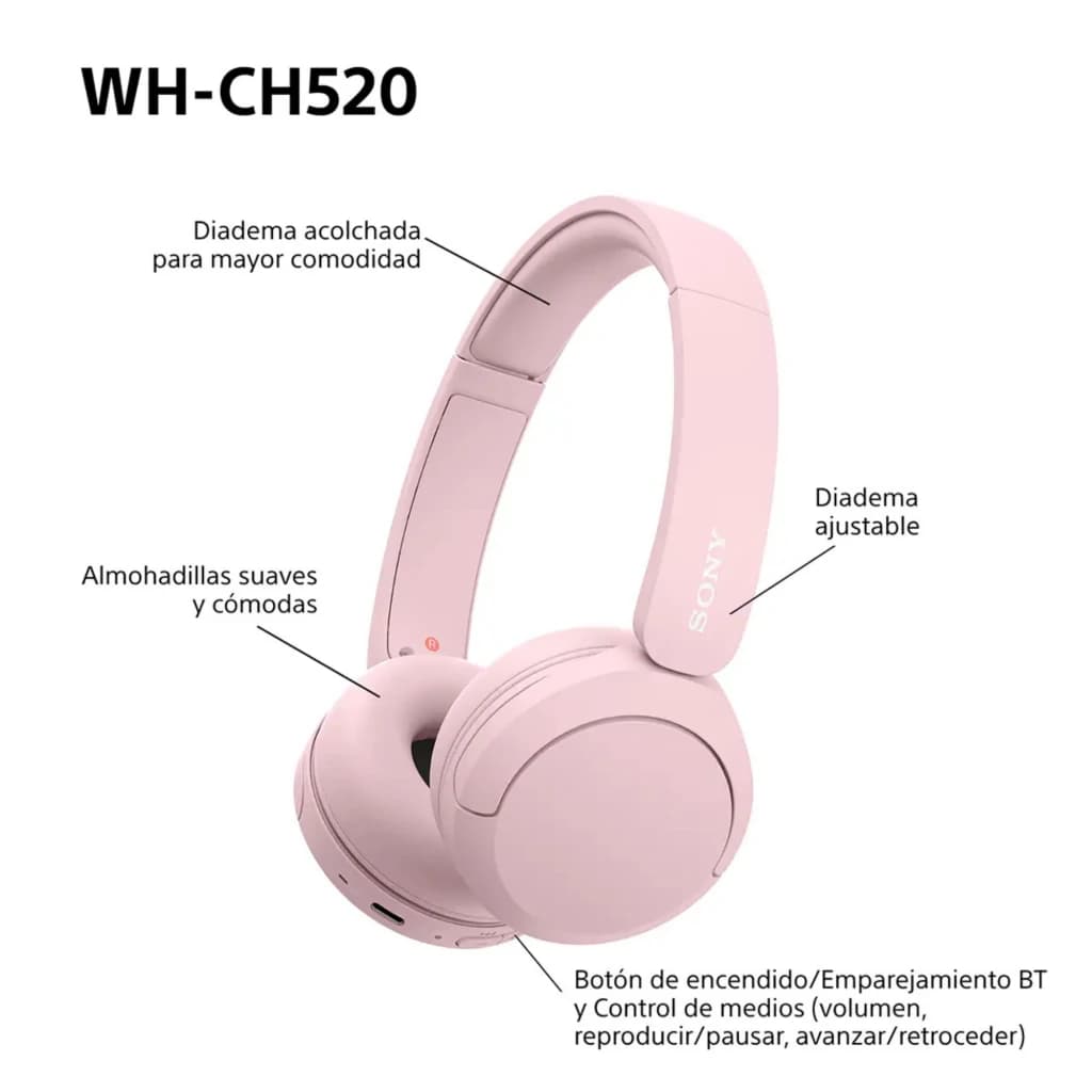 Auriculares Sony WH-CH520 rosa con diadema acolchada y ajustable, almohadillas suaves, controles integrados y puerto de carga en la copa izquierda