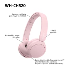 Auriculares Sony WH-CH520 rosa con diadema acolchada y ajustable, almohadillas suaves, controles integrados y puerto de carga en la copa izquierda