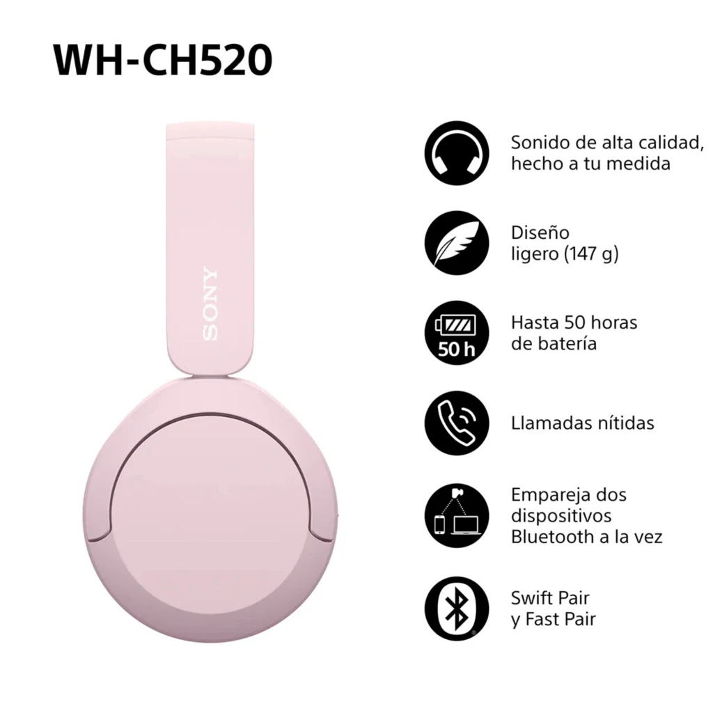Sony WH-CH520 Rose casque sans fil on-ear rose pâle, arceau réglable, coussinets rembourrés, design pliable, port USB-C et logo Sony blanc sur l’oreillette - Ítem6