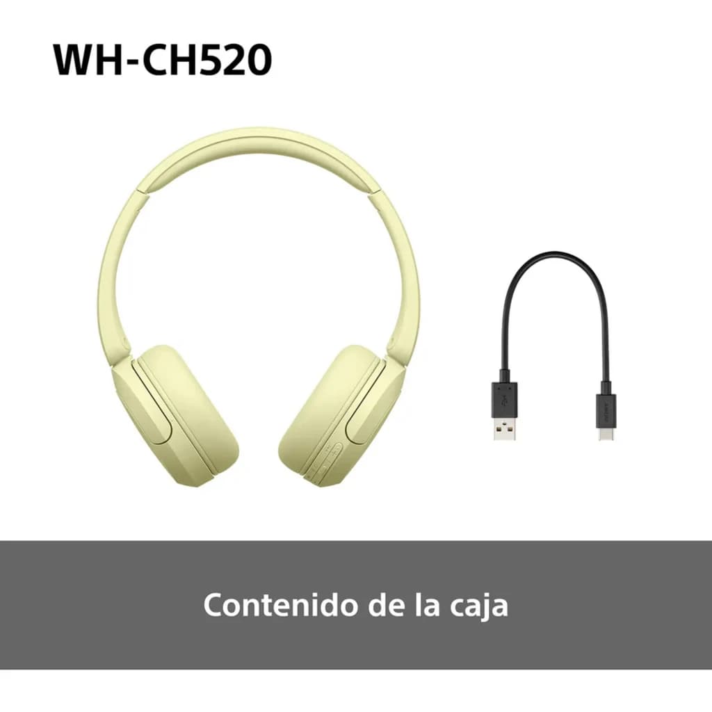 Sony WH-CH520 Amarelo com arco acolchoado, fones on-ear dobráveis e botões laterais. Inclui cabo USB-A para USB-C curto. Design leve e moderno.