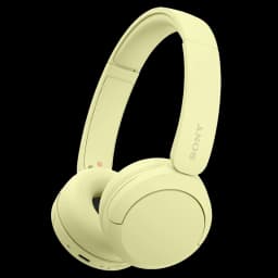 Sony WH-CH520 Amarelo com design leve, aro ajustável e almofadas acolchoadas. Acabamento fosco, porta USB-C e logotipo Sony na haste direita.