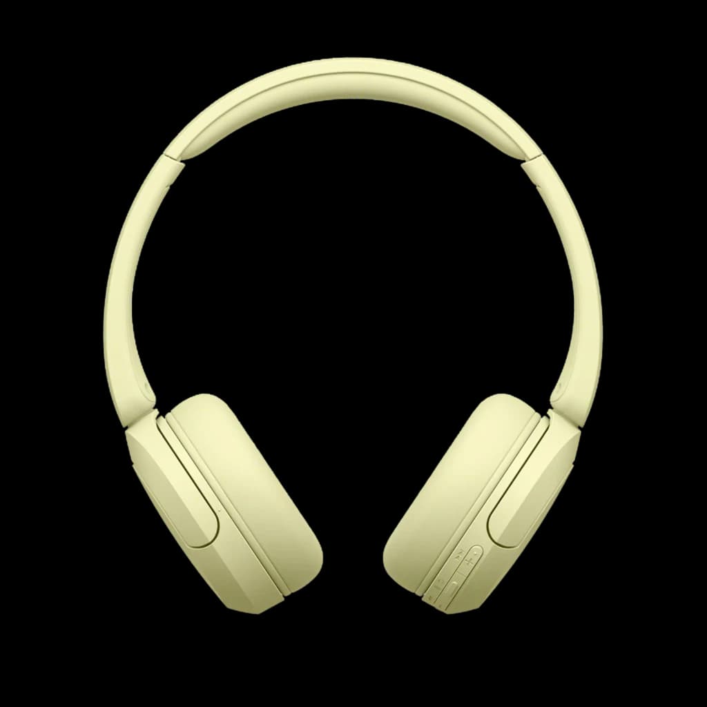 Sony WH-CH520 Amarelo com arco acolchoado, conchas sobre a orelha e acabamento fosco. Design leve, dobrável e minimalista em tom amarelo suave