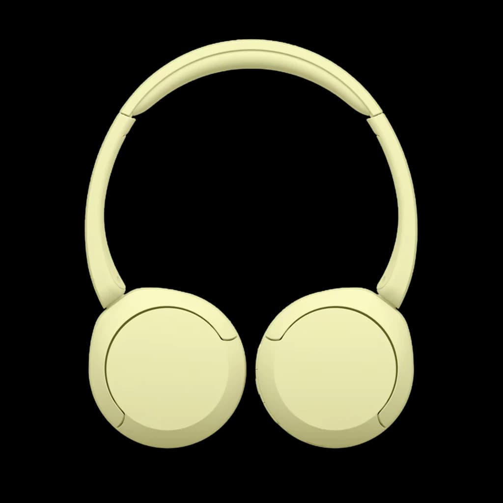Sony WH-CH520 Amarelo com arco acolchoado, conchas circulares e design leve e dobrável; acabamento fosco amarelo claro para estilo moderno