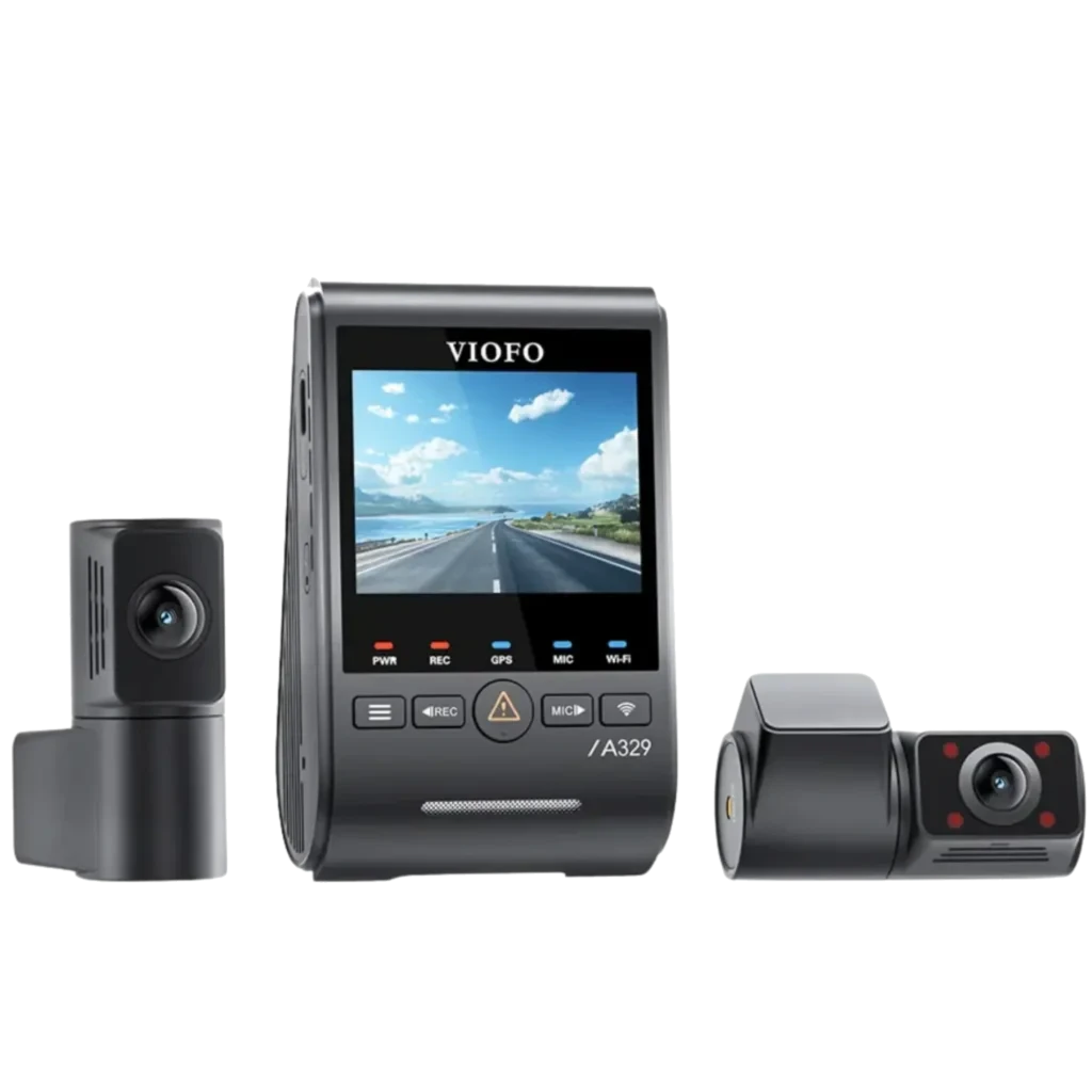 Dashcam VIOFO A329S 3CH com tela, câmeras frontal 4K, traseira 2K e interna 2K fisheye; Wi‑Fi 6, GPS, HDR, visão noturna, ângulos 140° 160° 210°