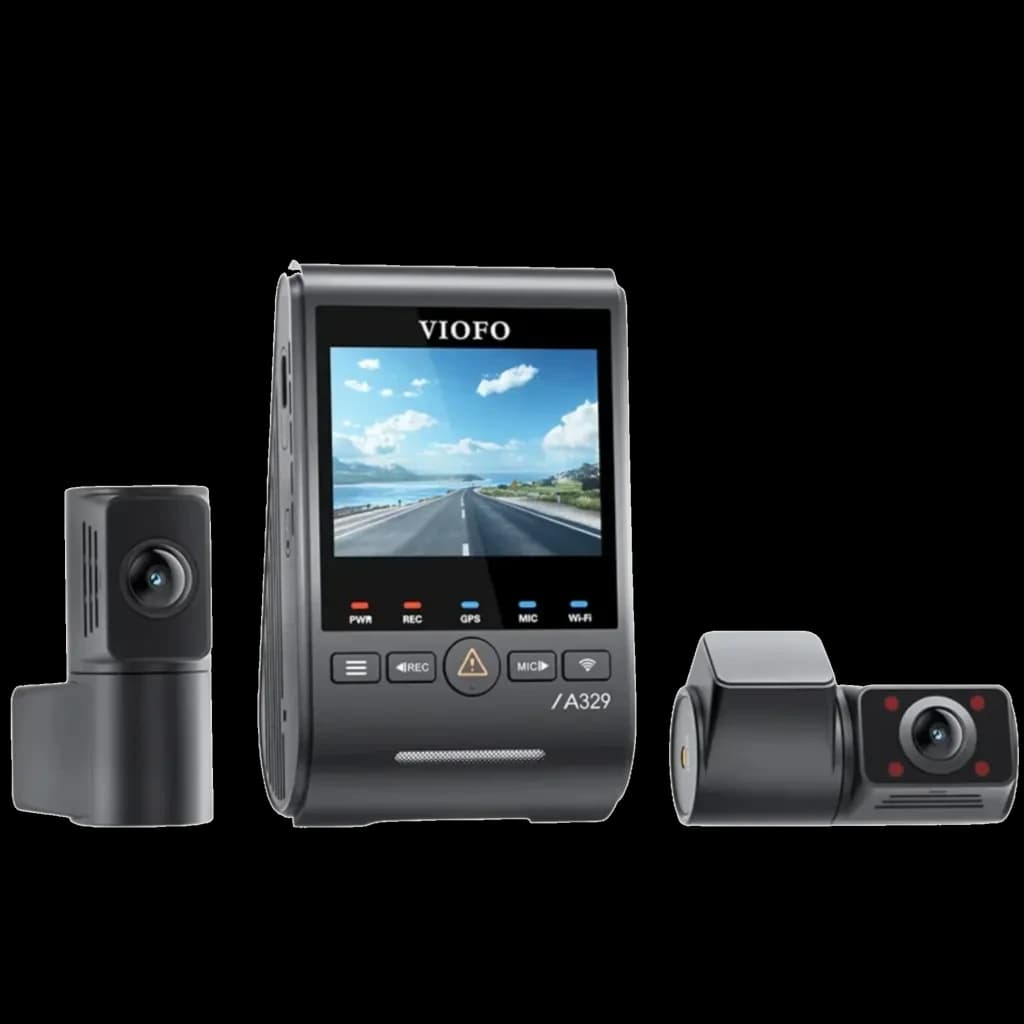 Dashcam VIOFO A329S 3CH com tela, câmeras frontal 4K, traseira 2K e interna 2K fisheye; Wi‑Fi 6, GPS, HDR, visão noturna, ângulos 140° 160° 210°