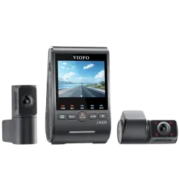 Dashcam VIOFO A329S 3CH com tela, câmeras frontal 4K, traseira 2K e interna 2K fisheye; Wi‑Fi 6, GPS, HDR, visão noturna, ângulos 140° 160° 210°