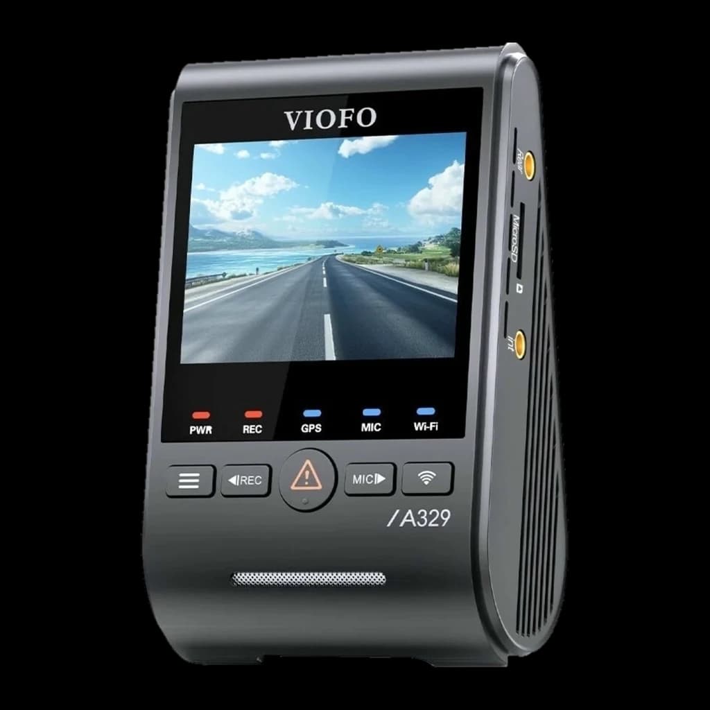 VIOFO A329S com tela colorida, botões frontais e LED PWR REC GPS MIC WiFi. Corpo compacto cinza, slots laterais para microSD e conectores AV, design inclinado.