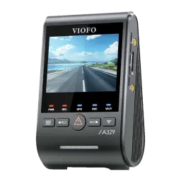 VIOFO A329S com tela colorida, botões frontais e LED PWR REC GPS MIC WiFi. Corpo compacto cinza, slots laterais para microSD e conectores AV, design inclinado.