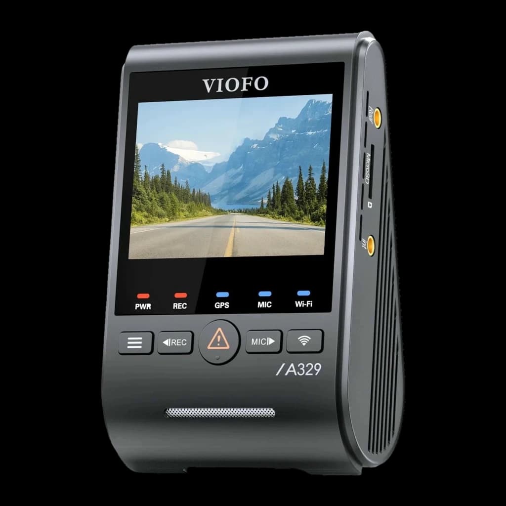 VIOFO A329S câmera de bordo com tela colorida, botões PWR REC GPS MIC Wi-Fi, slot microSD lateral e corpo compacto em preto com acabamento fosco