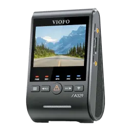 VIOFO A329S câmera de bordo com tela colorida, botões PWR REC GPS MIC Wi-Fi, slot microSD lateral e corpo compacto em preto com acabamento fosco