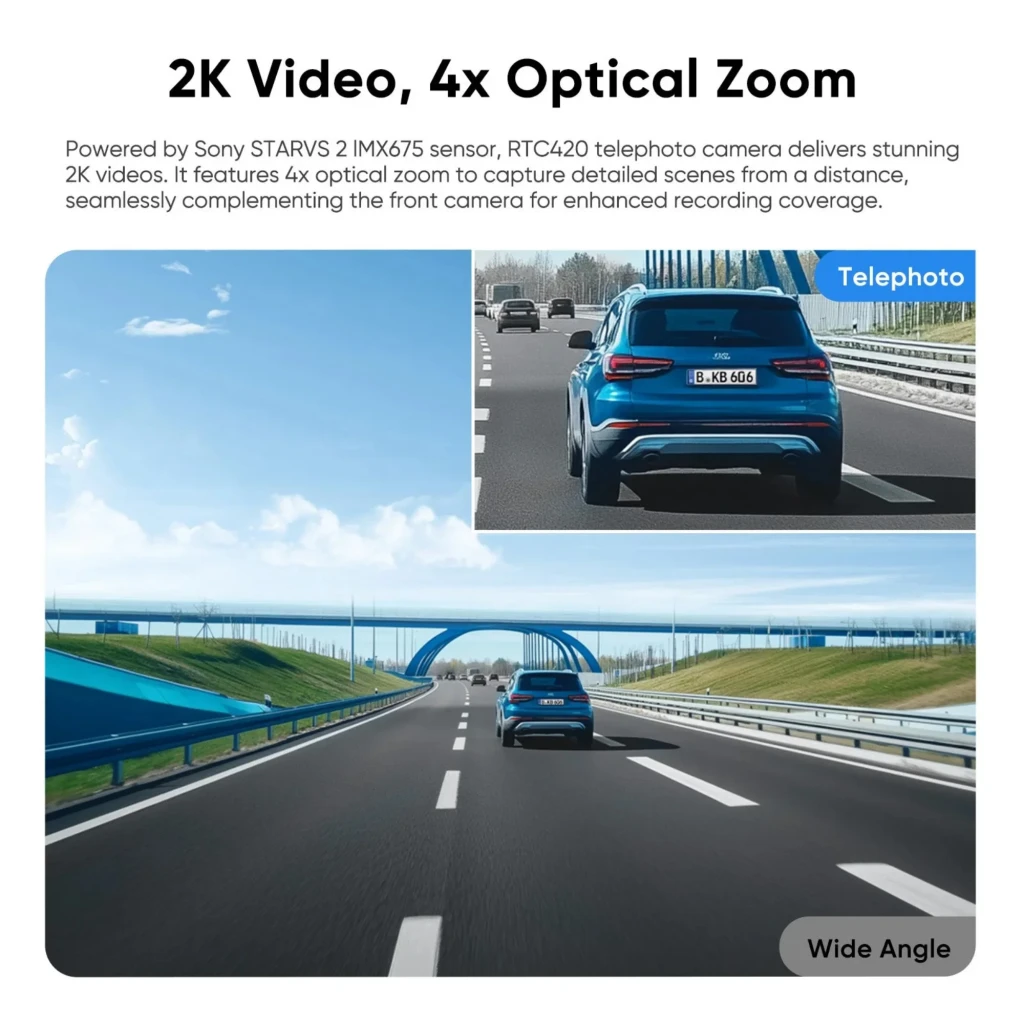 VIOFO RTC420 teleobjetivo compacto en negro con lente frontal grande, cuerpo angular y puerto AV/OUT lateral; diseño aerodinámico para dashcam 2K HDR Zoom 4x - Ítem2