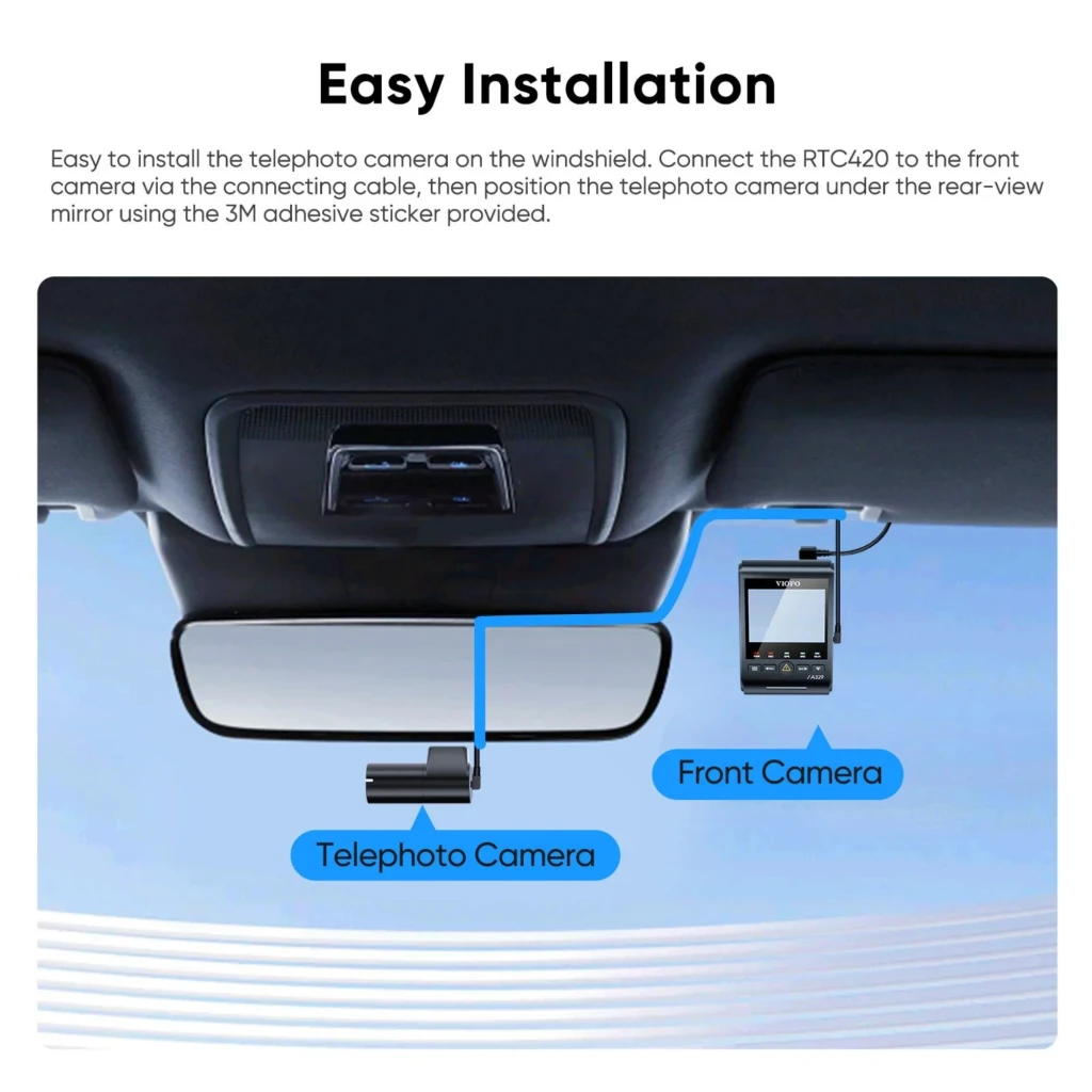 VIOFO RTC420 teleobjetivo compacto en negro con lente frontal grande, cuerpo angular y puerto AV/OUT lateral; diseño aerodinámico para dashcam 2K HDR Zoom 4x - Ítem3