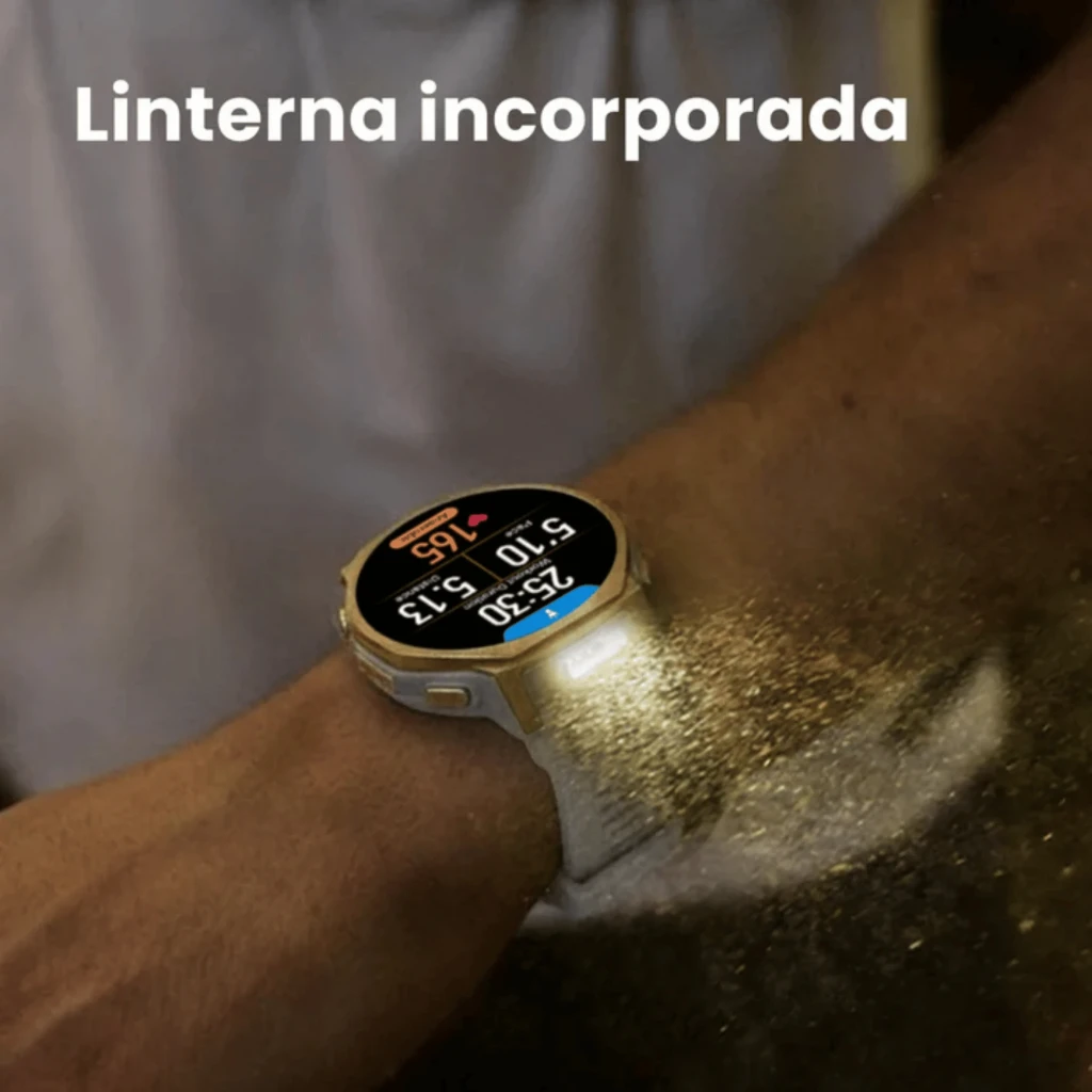 Amazfit T-Rex 3 Pro Relógio Desportivo em Artic Gold, caixa robusta dourada, ecrã circular preto, bracelete cinza com fecho metálico, botões laterais - Item1