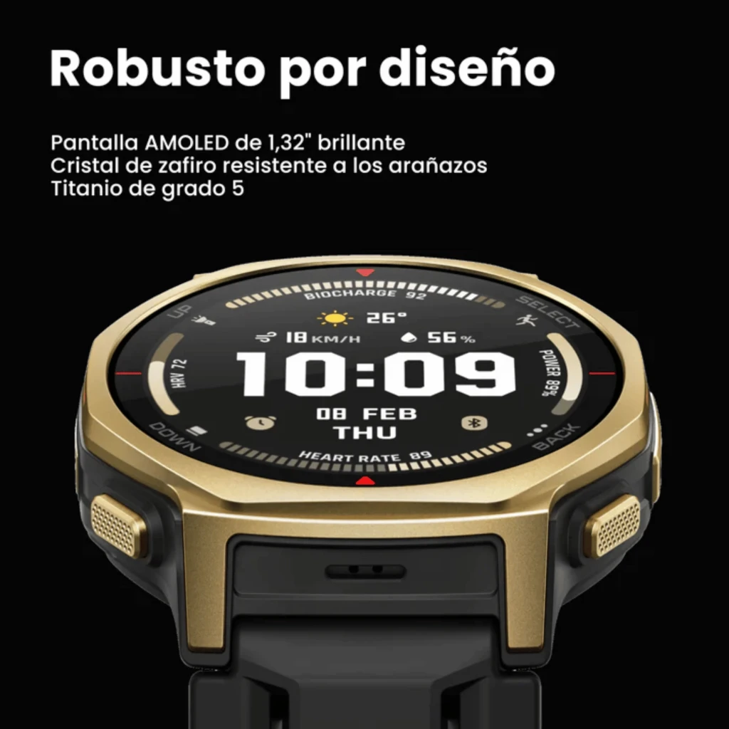 Amazfit T-Rex 3 Pro Relógio Desportivo em Artic Gold, caixa robusta dourada, ecrã circular preto, bracelete cinza com fecho metálico, botões laterais - Item3