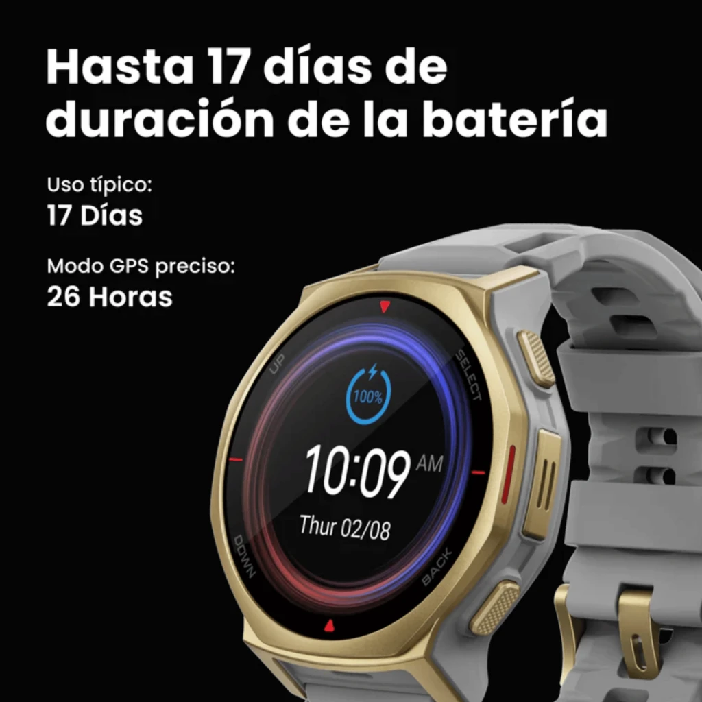 Amazfit T-Rex 3 Pro Relógio Desportivo em Artic Gold, caixa robusta dourada, ecrã circular preto, bracelete cinza com fecho metálico, botões laterais - Item4