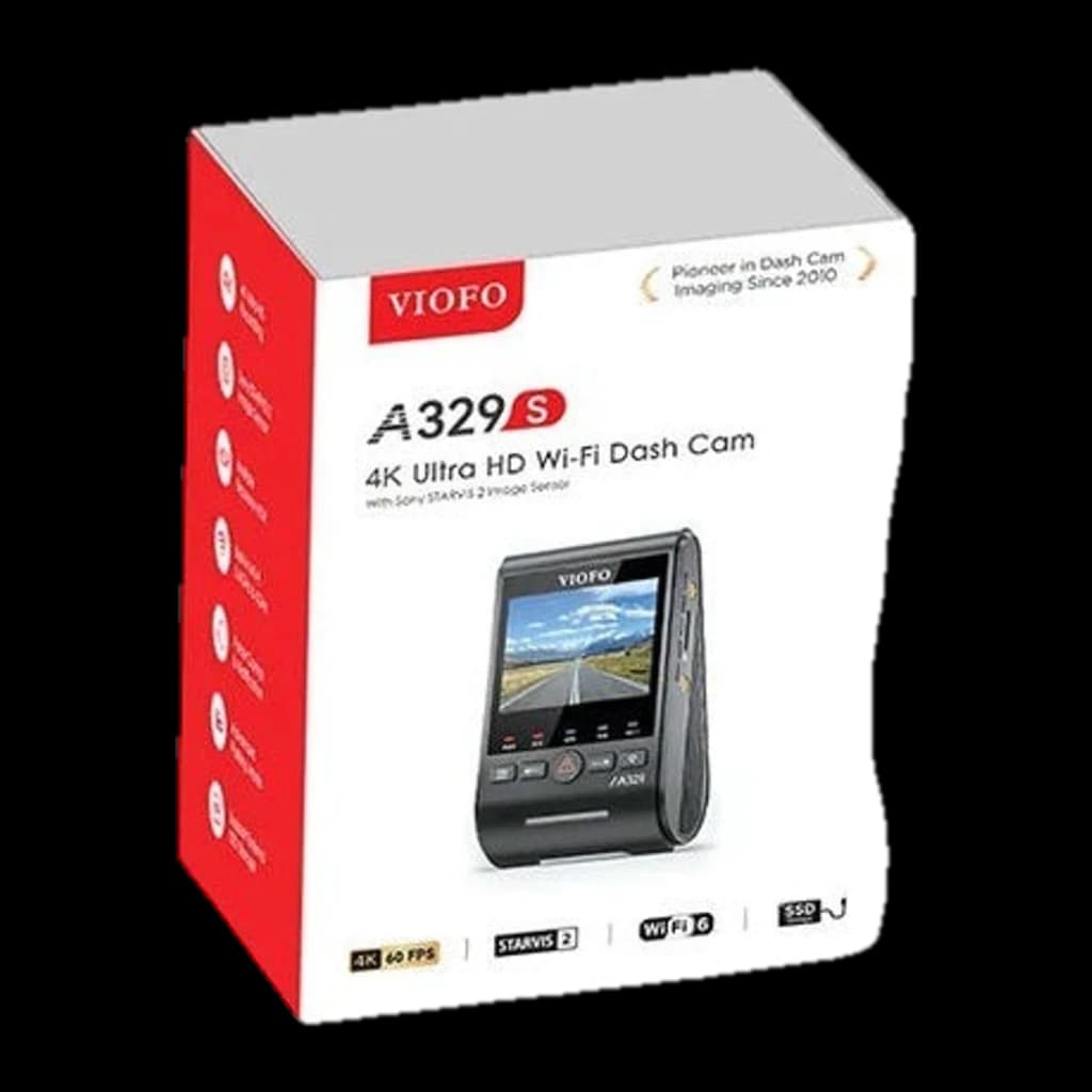 Caixa da VIOFO A329S exibindo câmera de bordo 4K 60 fps, Wi‑Fi 6, HDR, visão noturna, ângulo de 140°, com imagem do aparelho na frente da embalagem