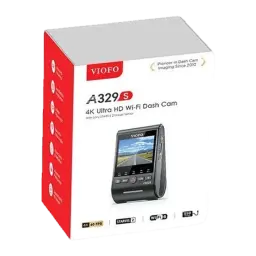 Caixa da VIOFO A329S exibindo câmera de bordo 4K 60 fps, Wi‑Fi 6, HDR, visão noturna, ângulo de 140°, com imagem do aparelho na frente da embalagem
