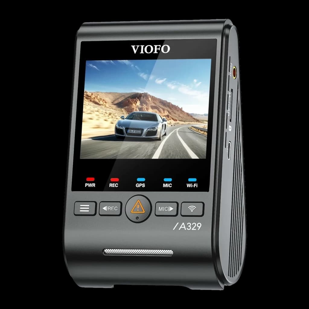 VIOFO A329S câmera de bordo 4K com tela colorida, botões iluminados, indicador de GPS e Wi‑Fi, corpo compacto em preto com grade lateral de ventilação
