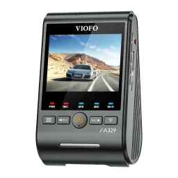 VIOFO A329S câmera de bordo 4K com tela colorida, botões iluminados, indicador de GPS e Wi‑Fi, corpo compacto em preto com grade lateral de ventilação