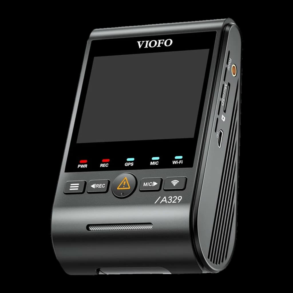 VIOFO A329S com tela frontal, botões REC e MIC, LEDs PWR/REC/GPS/MIC/Wi-Fi, slot microSD e design compacto em cinza, ventilação lateral e porta USB-C